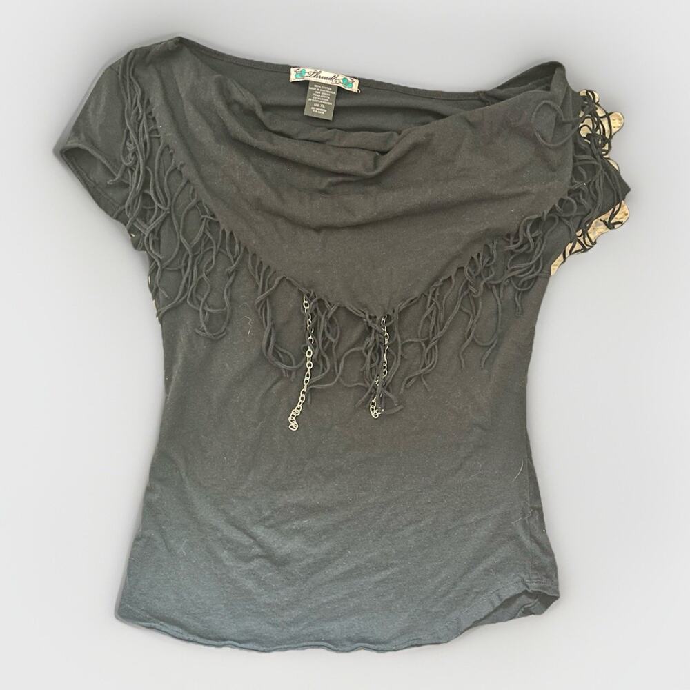 Women’s XL Thread Black Fringe Chain Y2K Short Sleeve 100% Cotton Cowl Neck